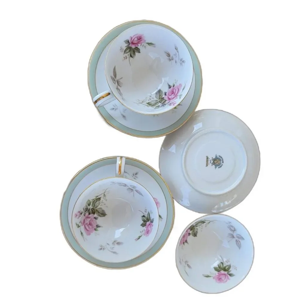 3 Noritake Priscilla China Cup & Saucer 5310 Pink Roses Gold & Green Accent Vtg